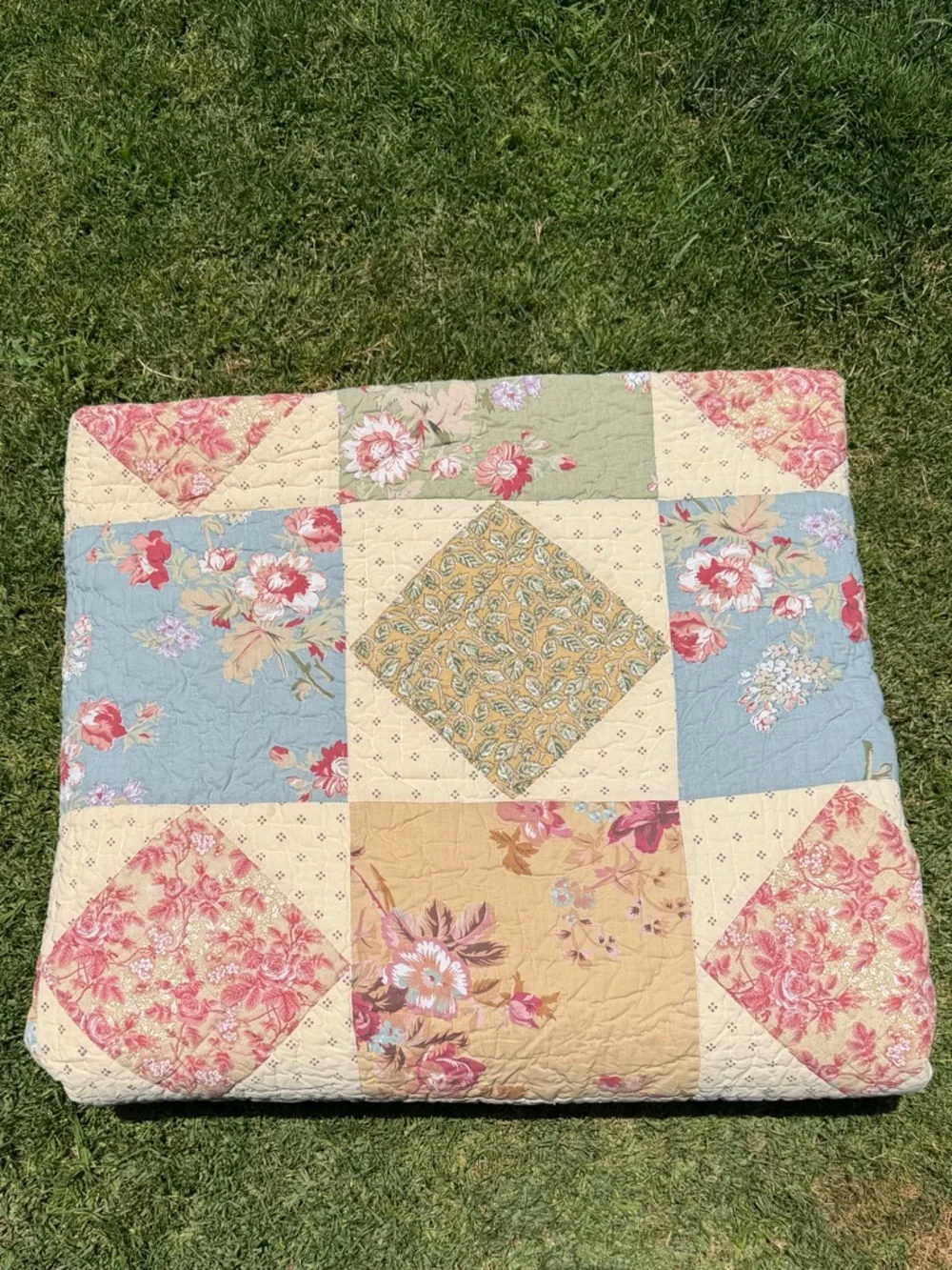 L.L. Bean Patchwork Country Quilt Reversible Floral Ticking Stripe Gauzy FLAWS